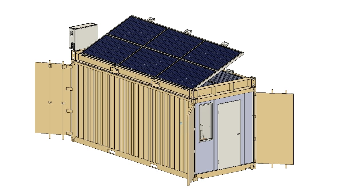 container d'impression 3D : vue extérieure, panneaux photovoltaïques